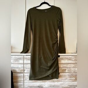 💚 BTFBM Olive Green Ruched Midi Dress Small Long Sleeve Bodycon